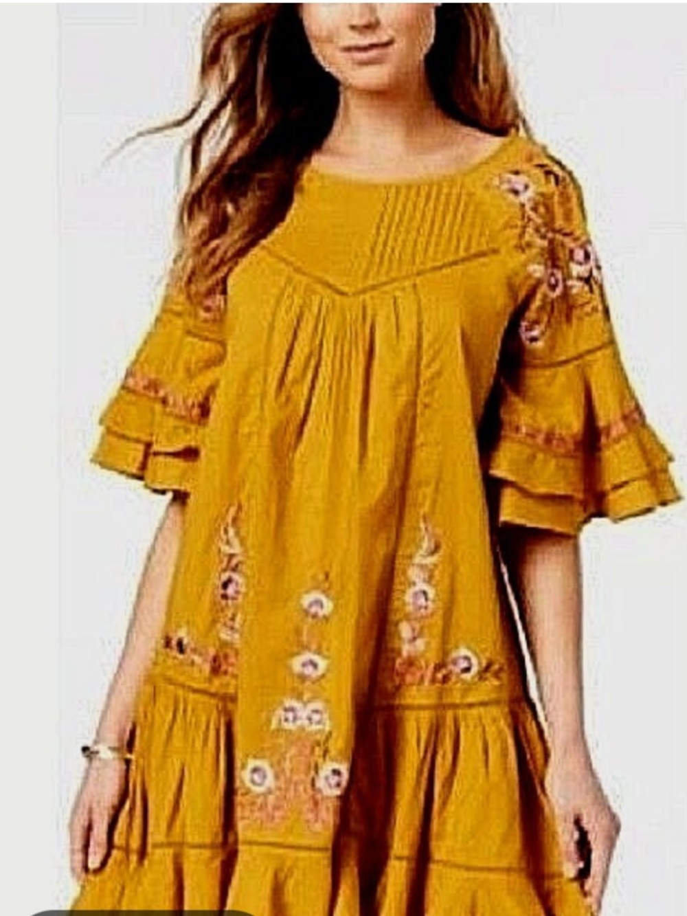 Free People Pavlo 100% Cotton Embroidered Yellow Gold Dress Size Medium